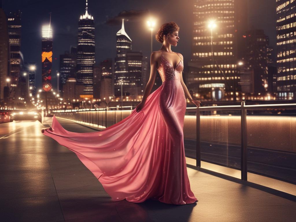 An elegant ramp model in a stunning evening gown, confidently
