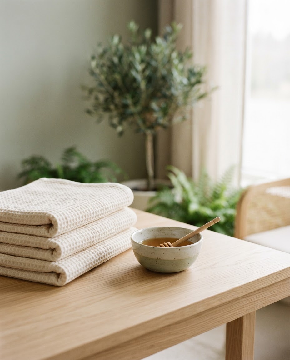 Fresh folded towels and massage oil in a calm, welcoming treatment space