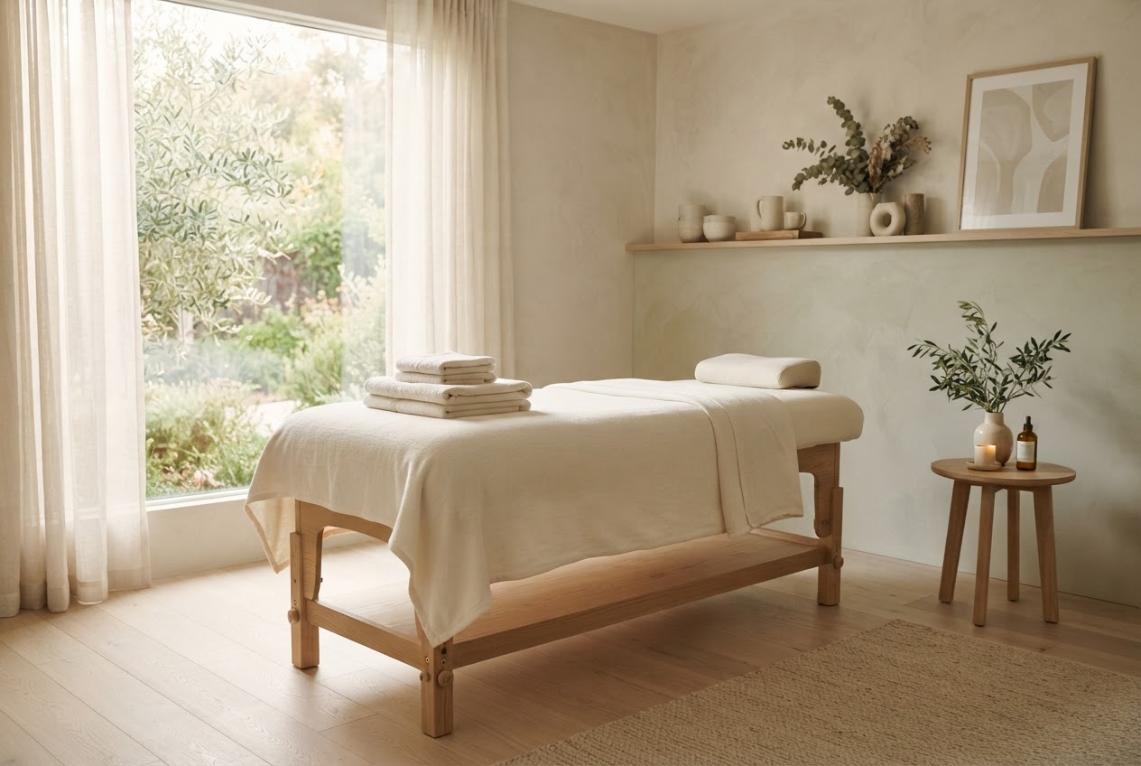 A peaceful, light-filled massage room prepared with fresh linens