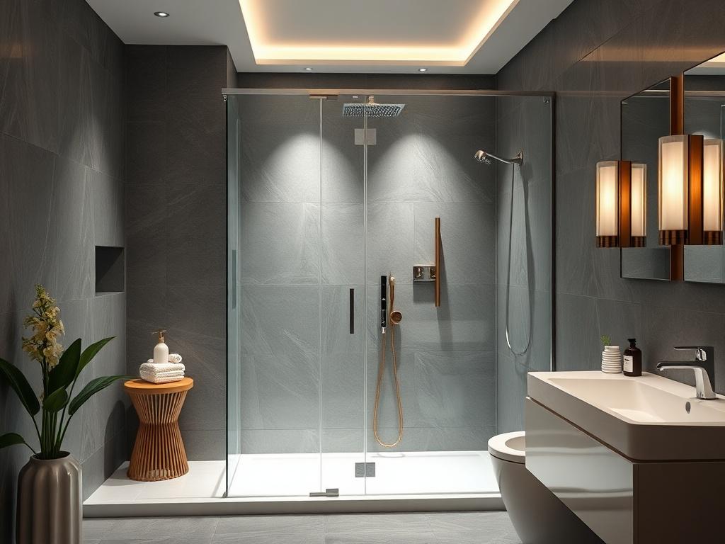 A luxurious bathroom featuring frameless designer shower doors  The