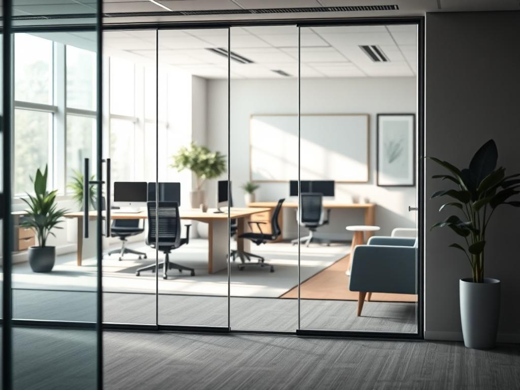 A modern office space featuring sleek frameless glass office partitions