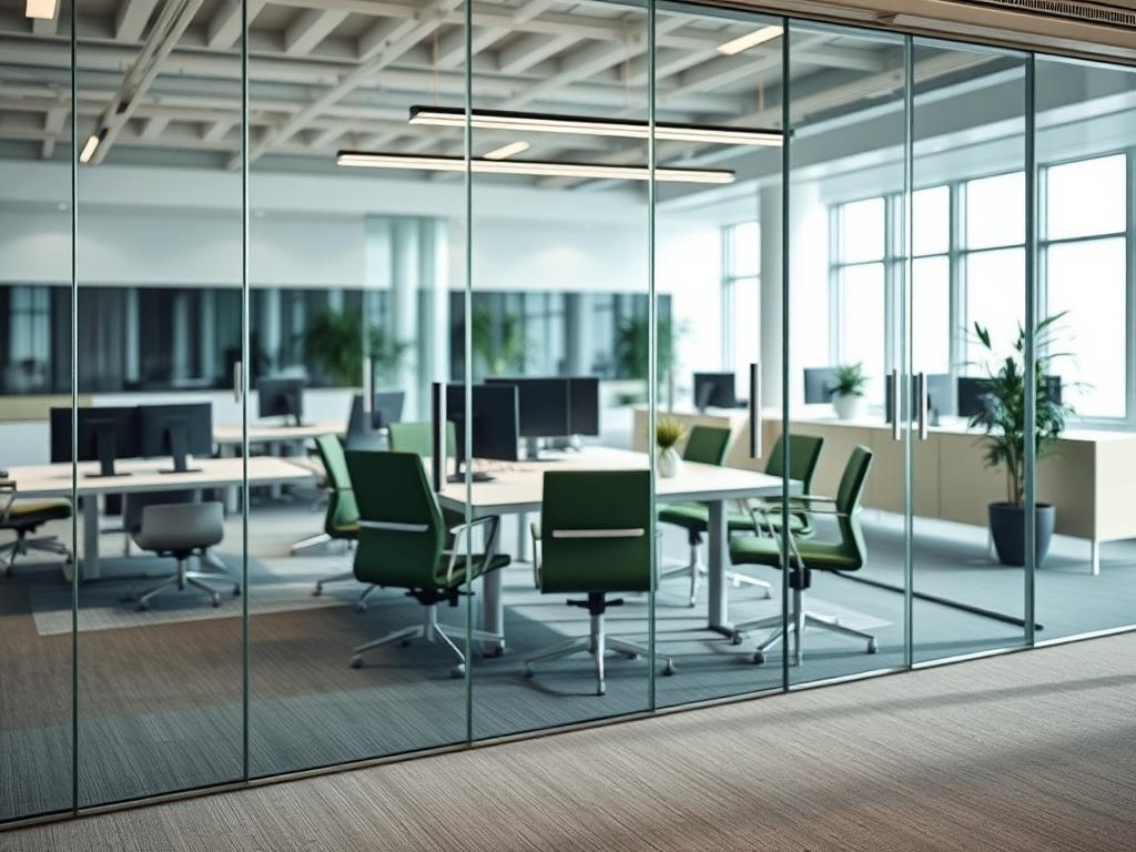 A sleek, modern office interior featuring frameless glass office partitions