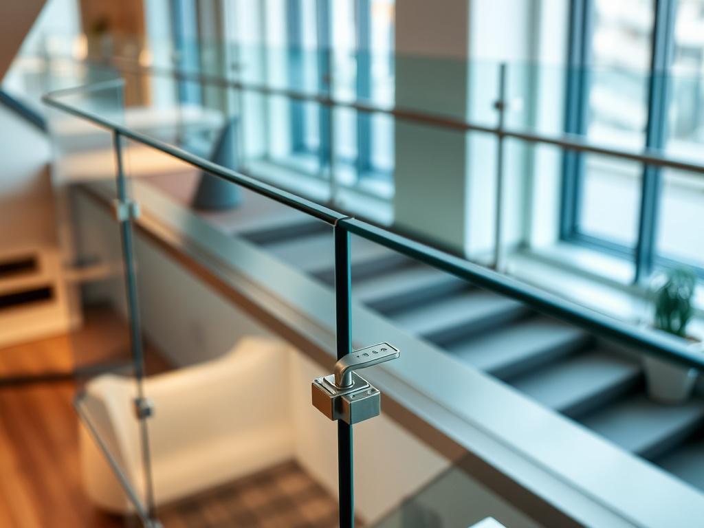 A close up shot of a modern glass railing on