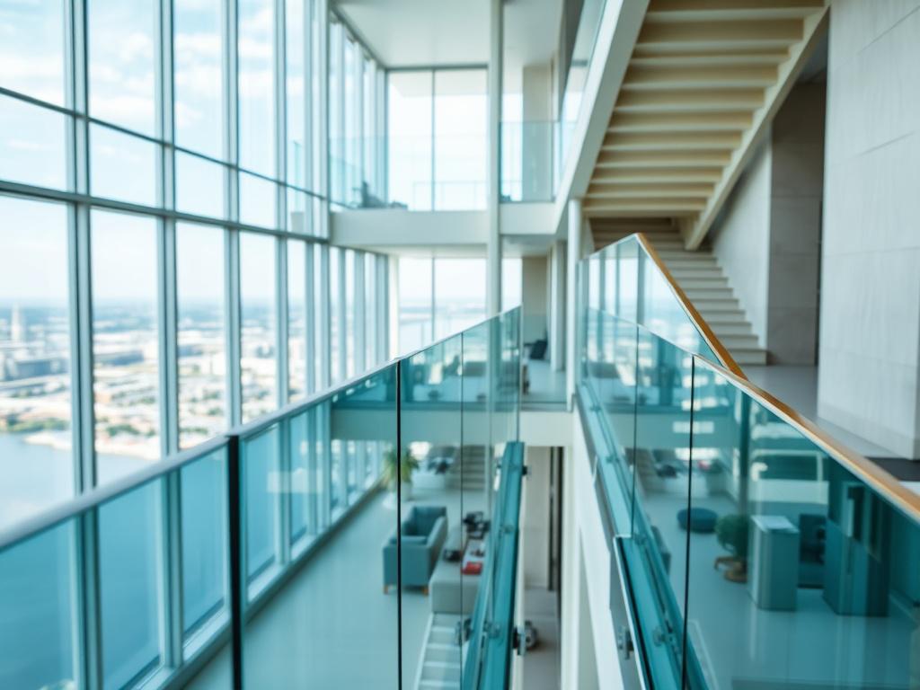 A luxurious condominium staircase showcasing elegant frameless glass railings