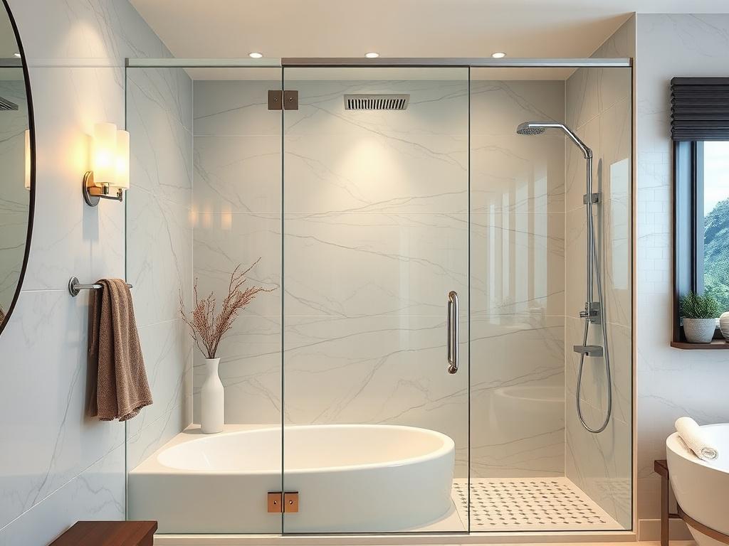 A luxurious bathroom featuring custom frameless glass shower doors