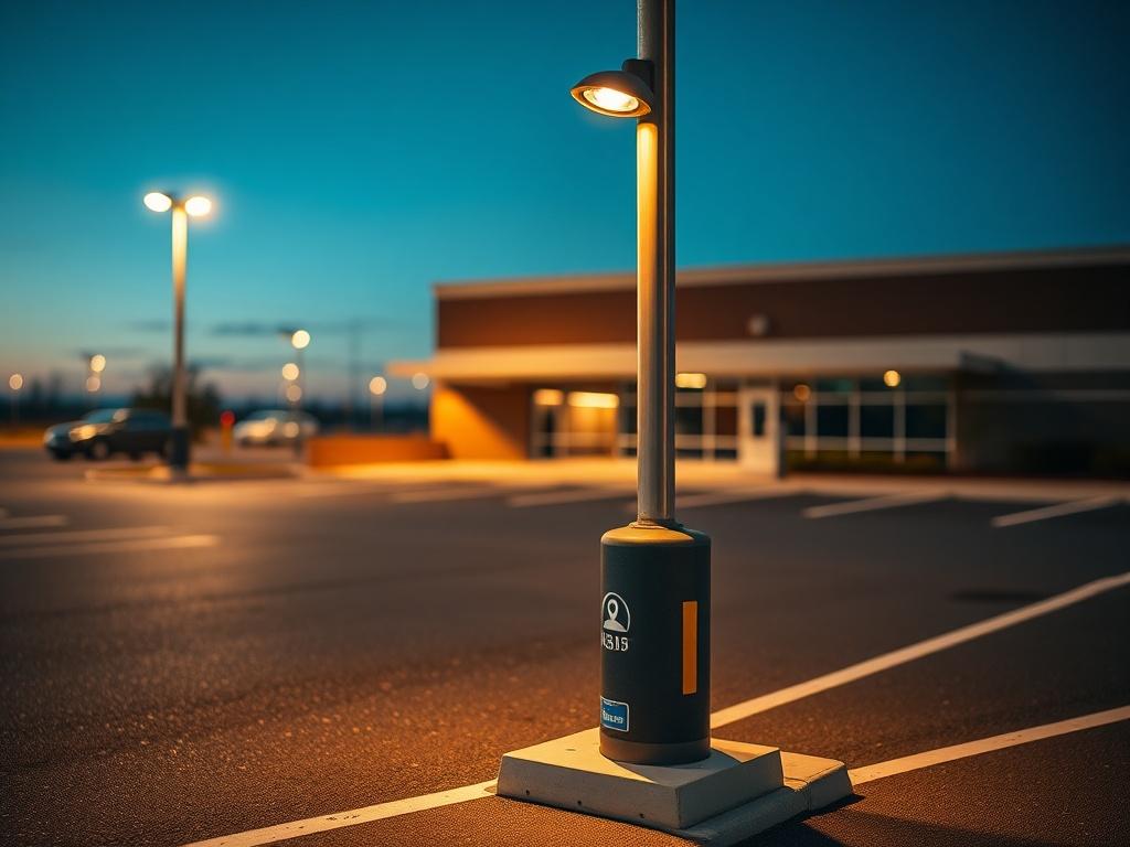 Create a realistic, high-resolution image depicting a well-lit commercial parking lot at dusk. The focal point should be a tall, sturdy parking lot pole fitted with bright LED lights, casting a warm glow over the asphalt surface below. Ensure the pole is prominently centered in the composition, capturing it in sharp detail, showcasing its robust design and bright light fixture. 

The background should feature a slightly blurred view of a nearby building, suggesting a business environment, with clearly defin