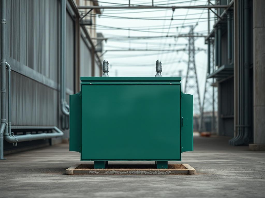 Create a realistic high-resolution image of a simple green transformer box with a flat top and sides. The transformer box should be prominently centered in the composition, showcasing its distinct rectangular shape and smooth surface. The background should reflect an industrial setting, featuring muted tones of gray with elements such as concrete walls, metal pipes, and power lines in the distance, creating a cohesive environment. Ensure the lighting is natural and soft, illuminating the transformer box to 