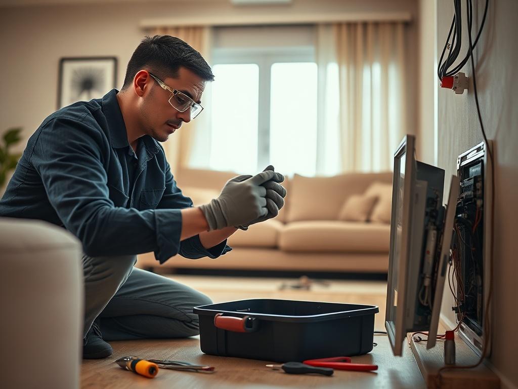 **AI Image Generation Prompt:**

Create a realistic high-resolution photo featuring a skilled electrician working in a well-lit home setting. The subject is a professional electrician—an individual in their mid-30s, wearing a navy blue work shirt with the sleeves rolled up, safety goggles, and gloves. They are focused on examining an outdated electrical panel, showcasing their expertise and attention to detail. 

The background should feature a modern, cozy living room with warm lighting, where the walls ha