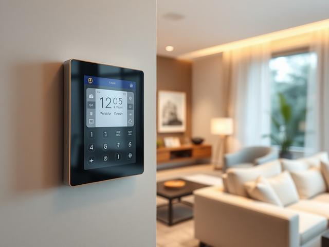 **AI Image Generation Prompt:**

Create a realistic high-resolution photo that embodies the theme of "Enhance Your Home with Smart Home & LED Lighting Solutions." The composition should be simple and clear, focusing on a single subject: a modern smart home control panel mounted on a sleek wall. The panel should feature touch controls and display vibrant LED indicators, showcasing its advanced technology in a stylish home setting.

In the background, softly blurred, include elements of an elegantly furnished