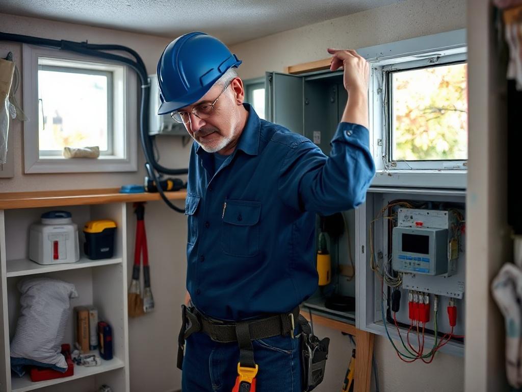Create a realistic high-resolution image that focuses on a professional electrician working in a residential setting. The subject should be a skilled electrician, a middle-aged individual in a blue uniform and safety gear, intently examining an electrical panel in a well-lit basement. The electrician should be portrayed in a clear and confident manner, symbolizing knowledge and expertise. 

The background should feature neatly organized tools and electrical equipment, emphasizing an atmosphere of profession