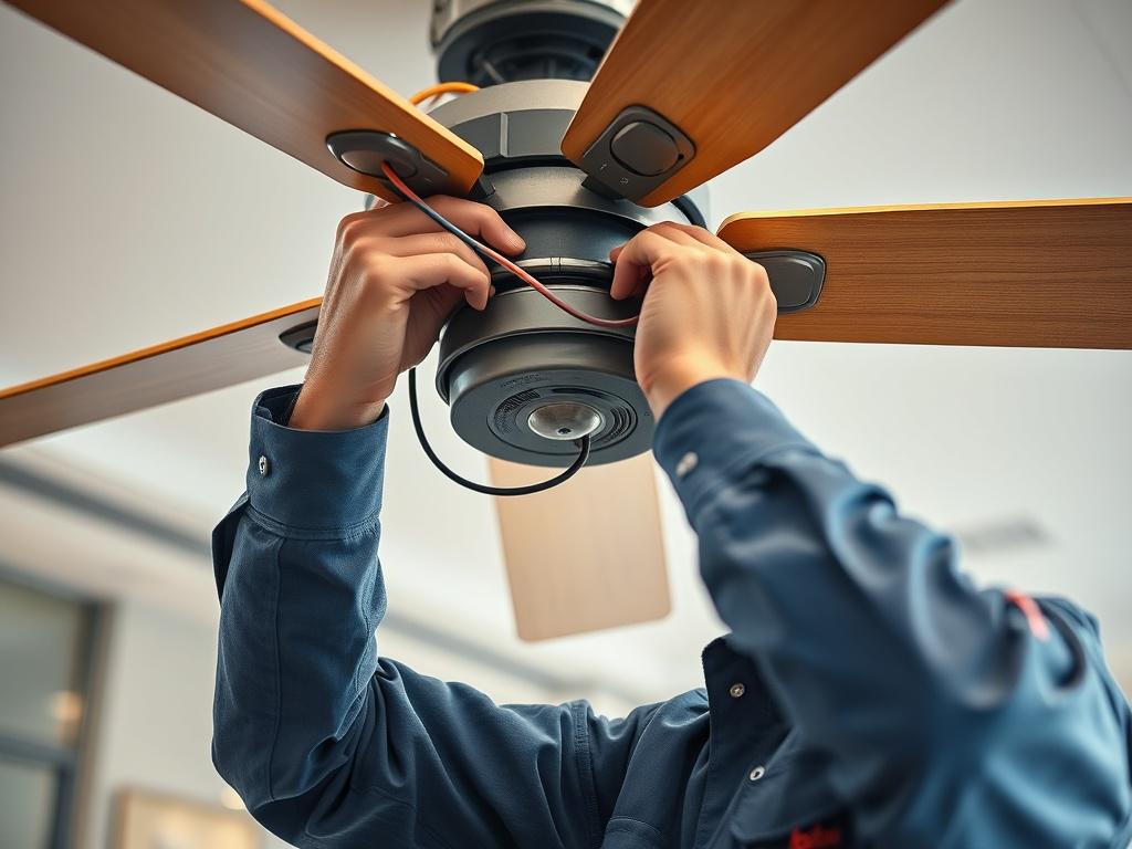 Create a realistic, high-resolution close-up photo of a professional electrician repairing a ceiling fan in a commercial space. The image should focus on one subject: a skilled electrician’s hands working carefully on the wiring and motor of a ceiling fan, captured with sharp detail using a 45mm f/1.2 lens style to produce a shallow depth of field. The electrician wears a clean, branded uniform with subtle Cogburn Electric logos in rgb(36, 73, 128) tones visible on the sleeve or badge. The background is sof