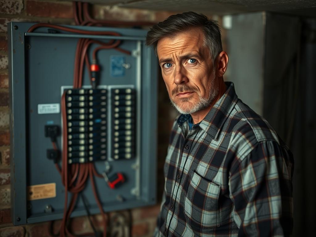 Create a hyper-realistic high-resolution image featuring a confused white man in his late 30s or early 40s, standing in front of an electrical panel located in a dimly lit basement. The man has a slightly furrowed brow and an expression of uncertainty as he examines the panel, showcasing a mix of curiosity and concern. 

He is wearing a casual, slightly wrinkled plaid shirt and jeans, suggesting he has been doing some home maintenance. The electrical panel is prominently displayed, with wires and circuit br