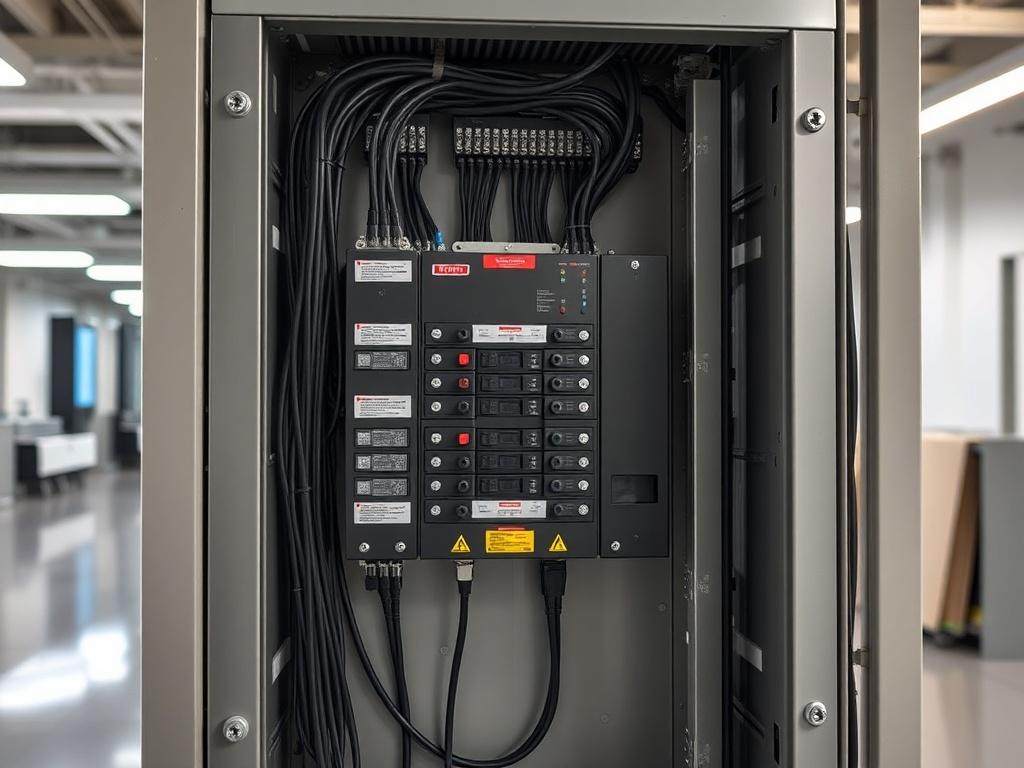Create a highly detailed and realistic high-resolution photo capturing a single subject that embodies the theme "What a Commercial Power Upgrade Actually Looks Like (And When You Need One)." The image should prominently feature a modern commercial power distribution panel, showcasing its intricate wiring and circuit breakers. The panel should be sleek and organized, portraying several labels and indicators that highlight its advanced electrical features.

In the background, create a clean and professional-l