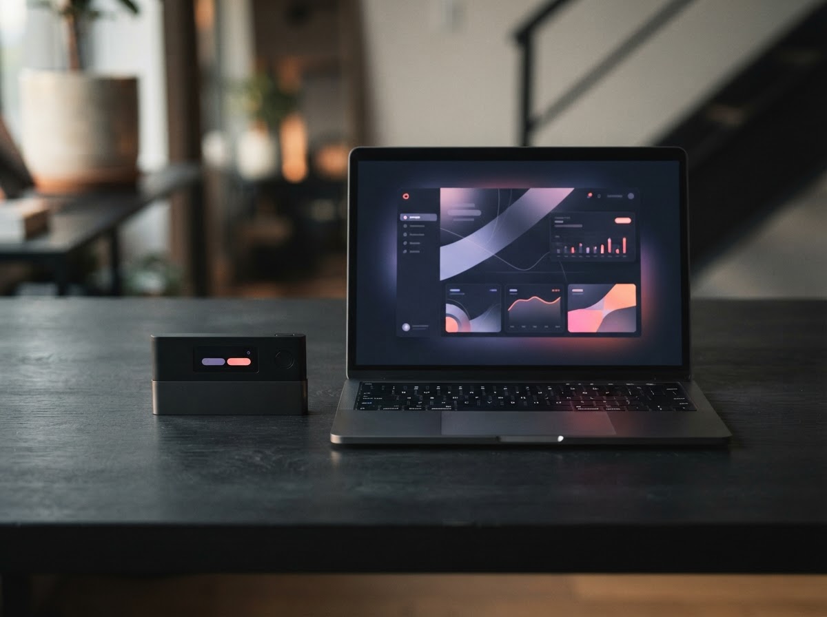 A laptop showing an abstract portfolio beside a generic hardware security device