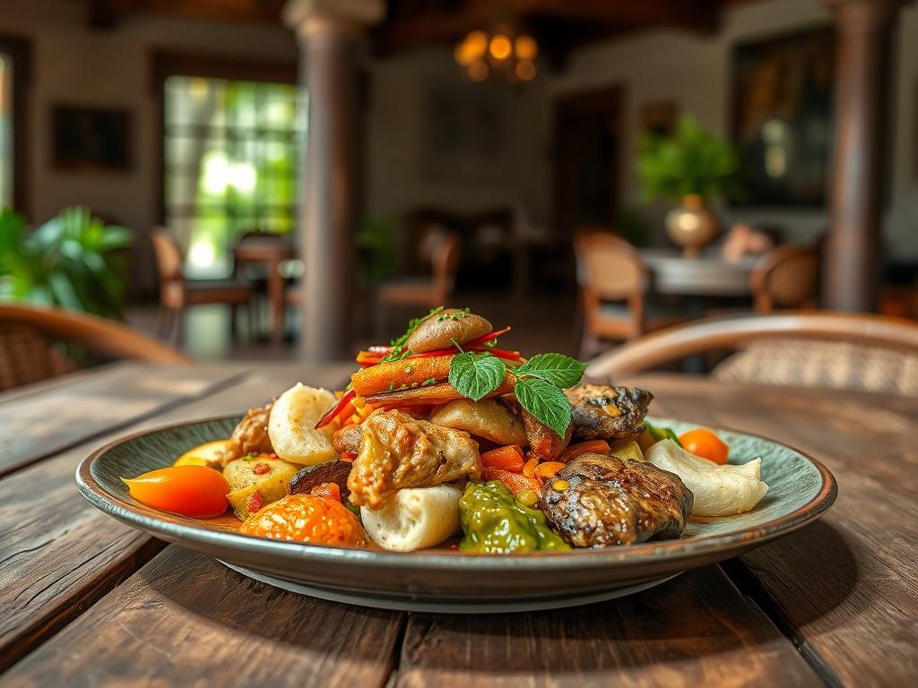 A beautifully arranged plate of authentic Minang cuisine, featuring vibrant