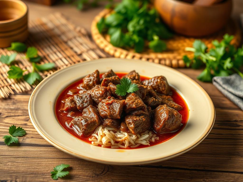 Create a realistic high-resolution photo showcasing a beautifully plated dish of authentic Minang cuisine, specifically a serving of Rendang, the famous spicy beef dish. The composition should be simple and clear, focusing solely on the Rendang as the main subject. Place the dish on a rustic wooden table to enhance the earthy textures, with the Rendang garnished with fresh herbs like basil and cilantro for a pop of color. 

In the background, subtly include traditional Minang elements, such as a glimpse of 