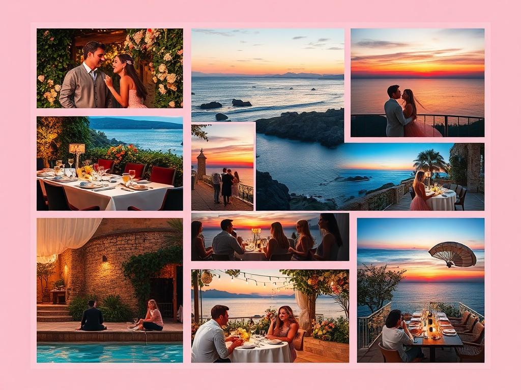 A stunning collage of high-resolution photos showcasing various beautiful events—romantic dinners, joyful celebrations, and serene escapes. The images are vibrant, well-composed, and evoke emotions, all framed in delicate light pink borders.