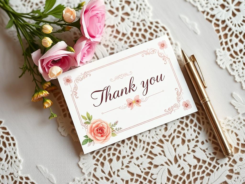 A high-resolution photo of an elegantly designed thank you card lying on a delicate lace tablecloth. The card showcases soft pastel colors and intricate floral details, surrounded by a small bouquet of fresh flowers and a vintage pen, creating a warm and inviting scene.