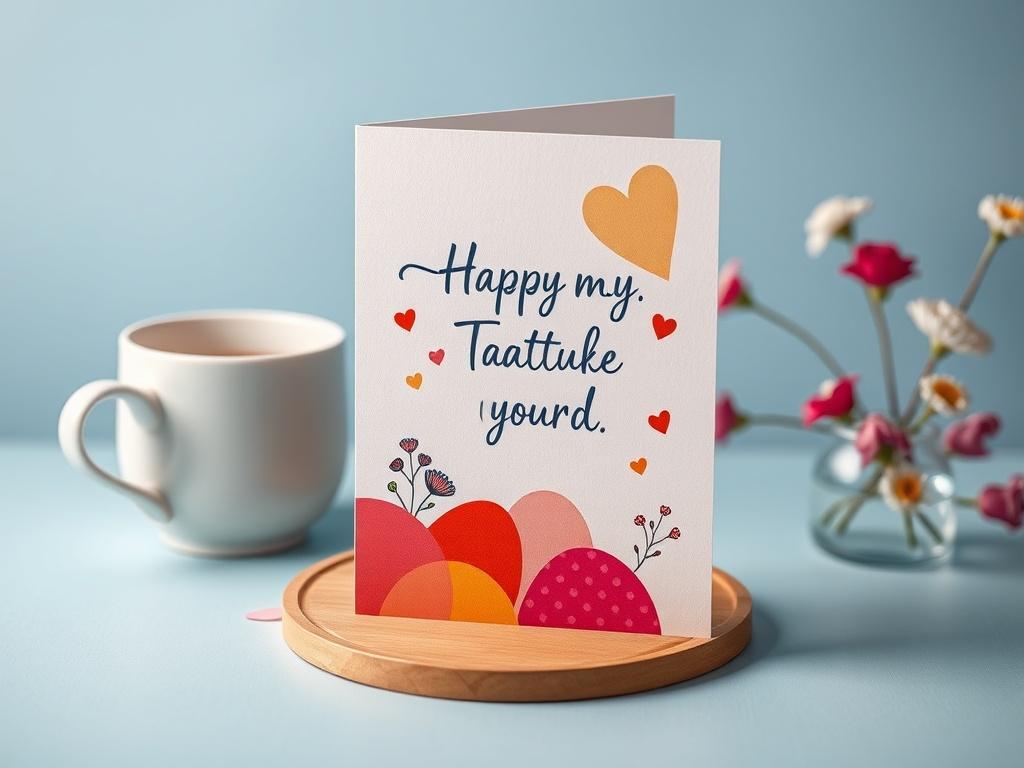 A high-resolution photo of a personalized greeting card displayed alongside a cup of tea and a small vase of flowers. The card features vibrant colors and a unique design, inviting the viewer to appreciate the beauty of thoughtful communication.
