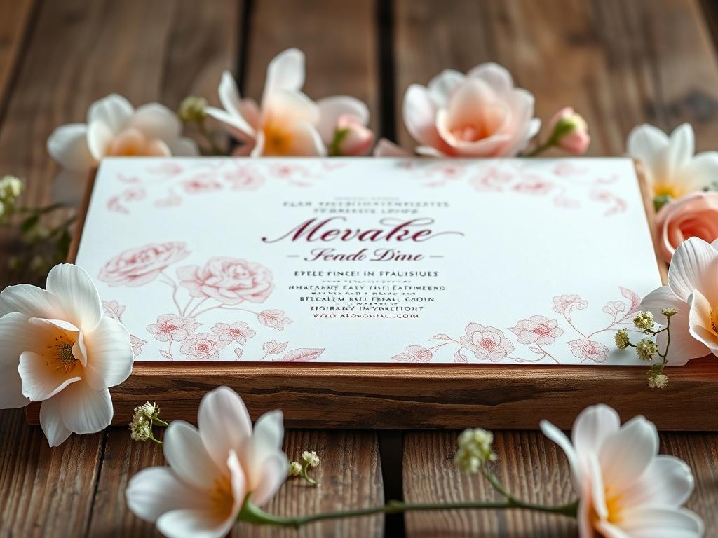 A high-resolution photo of a beautifully designed wedding invitation template featuring delicate floral patterns in soft pinks and elegant cursive fonts. The invitation should be displayed on a rustic wooden table surrounded by pastel-colored flowers and soft lighting, creating a romantic and inviting atmosphere.