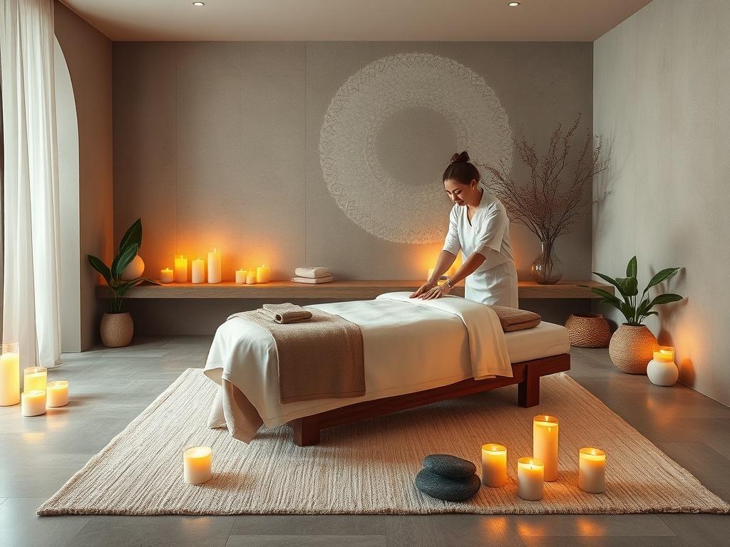 A tranquil spa setting featuring a massage table adorned with soft linens and candles. The atmosphere is serene, with calming colors and natural elements such as plants and stones. A therapist is gently preparing for a massage, creating a sense of peace and relaxation.