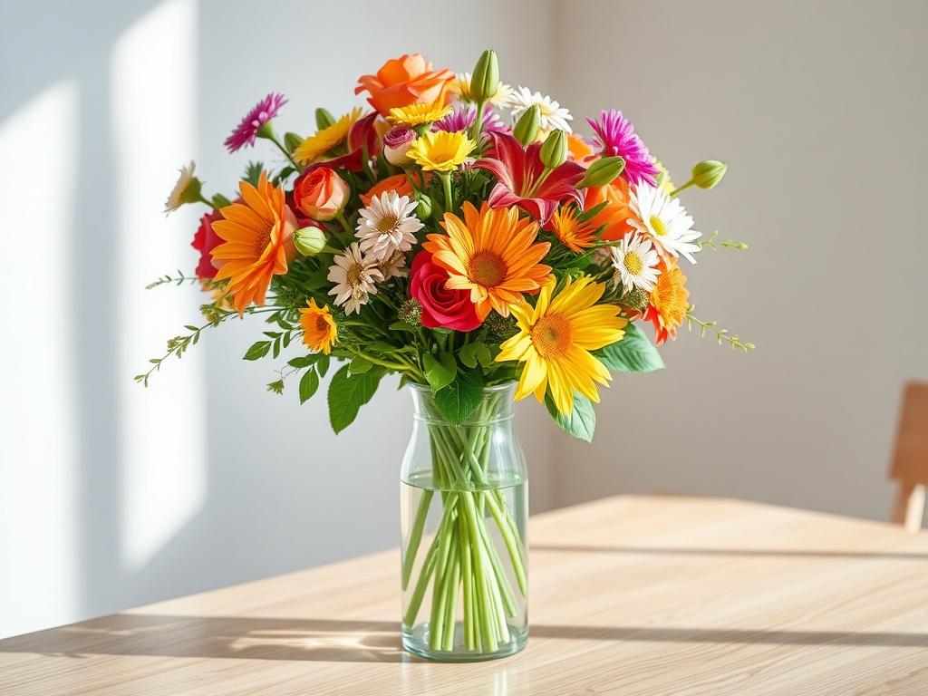 A vibrant floral arrangement in a clear glass vase, showcasing a mix of colorful flowers like roses, lilies, and daisies. The bouquet is artfully arranged with greenery, placed on a light wooden table, bathed in natural light to enhance its beauty.