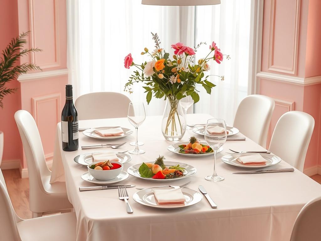 A beautifully set dining table in a softly lit environment, featuring elegant tableware and floral arrangements. The table is adorned with a three-course meal, elegantly plated, and a bottle of fine wine, all set against a backdrop of soft pink hues and minimalistic décor.