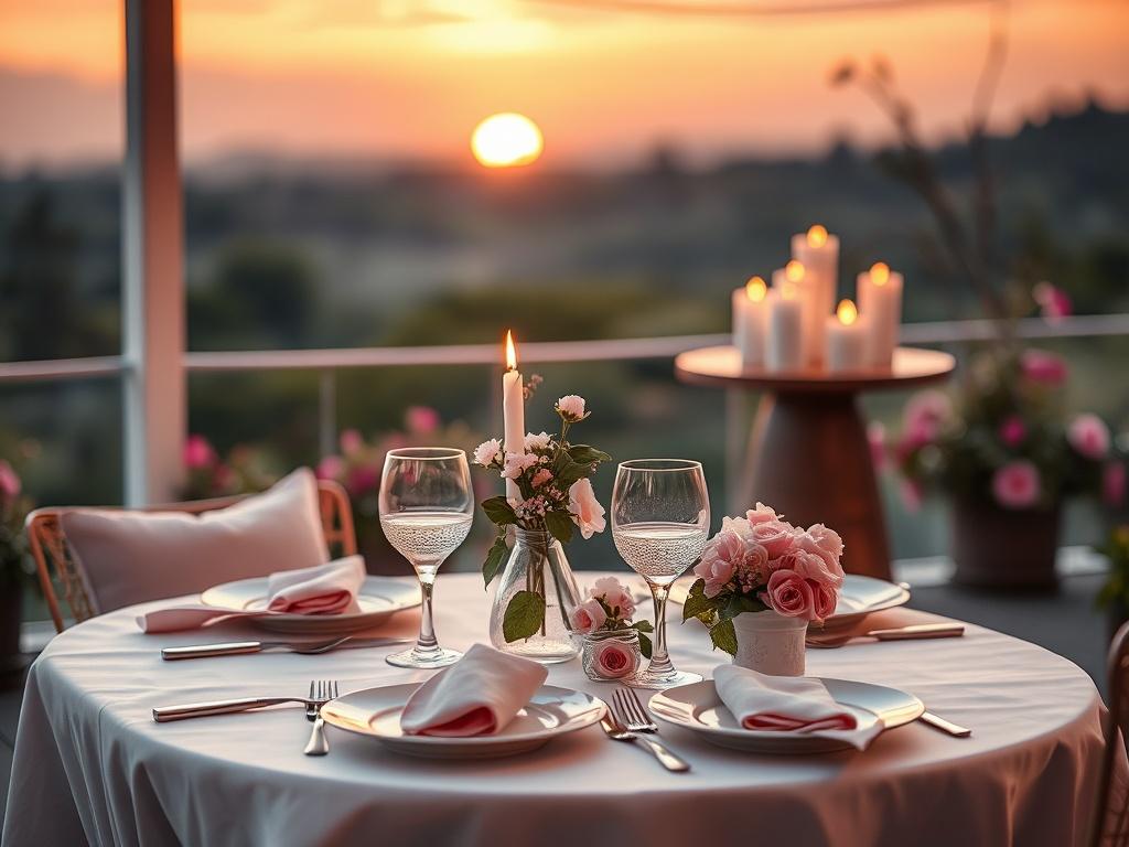 A beautifully set table for two in a romantic outdoor setting. Elegant tableware with soft pink accents, delicate flowers, and candles softly glowing. The background features a serene sunset, casting warm golden hues, while the foreground is focused on the intimate dining arrangement, showcasing the details of the table decor.
