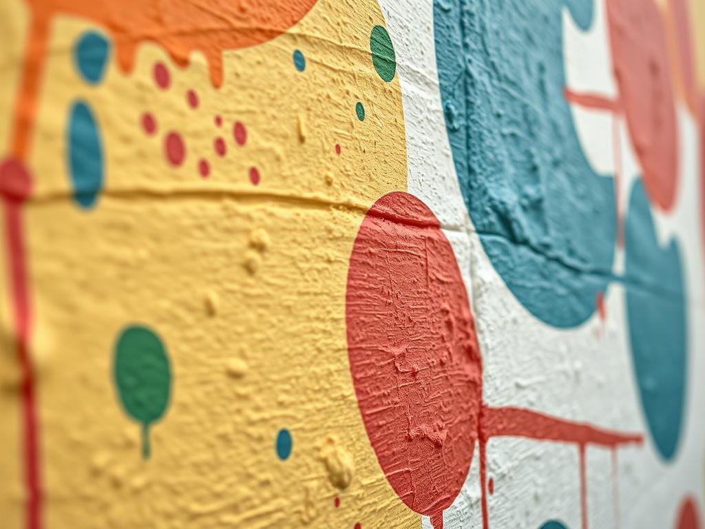 A high-resolution close-up photo of a freshly painted wall with a unique design and vibrant colors, emphasizing texture and detail. The image should convey creativity and artistry, with a soft background that complements the wall design.