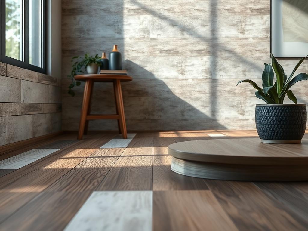 A realistic high-resolution photo of a stylish floor installation, showcasing a blend of tiles and wood. The image should highlight the texture and finish of the flooring, with natural light illuminating the space.