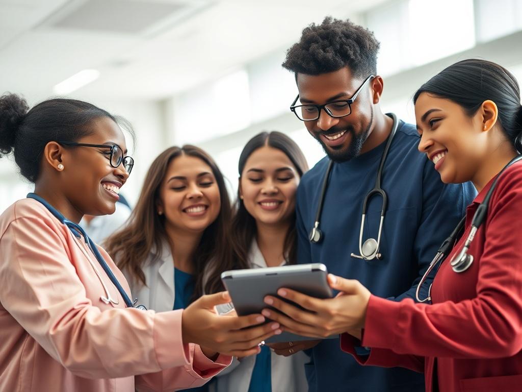 A close up of a diverse healthcare team gathered around