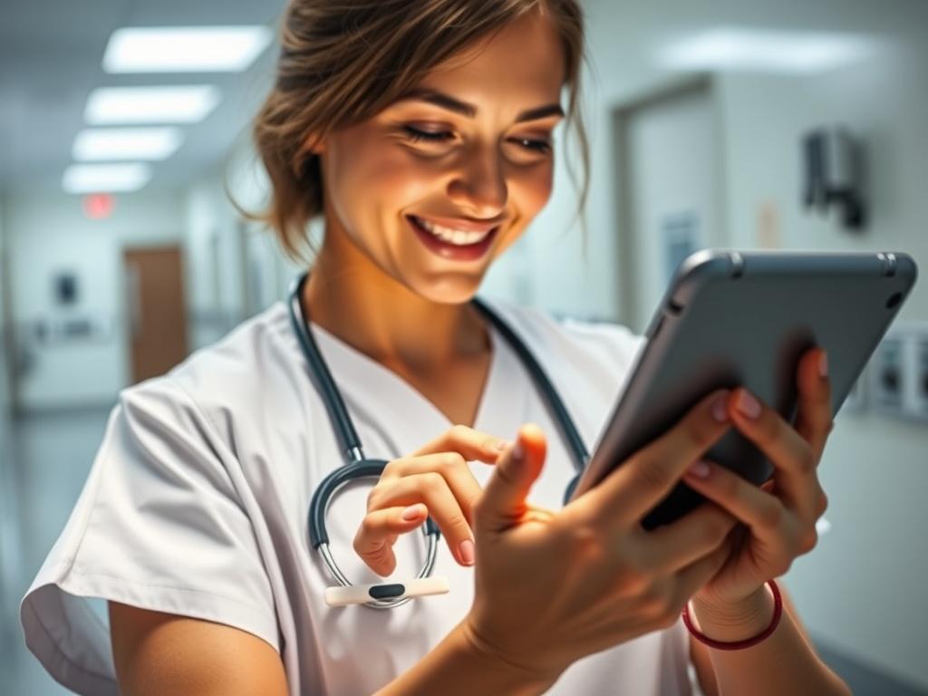 A close up of a nurse using a tablet with