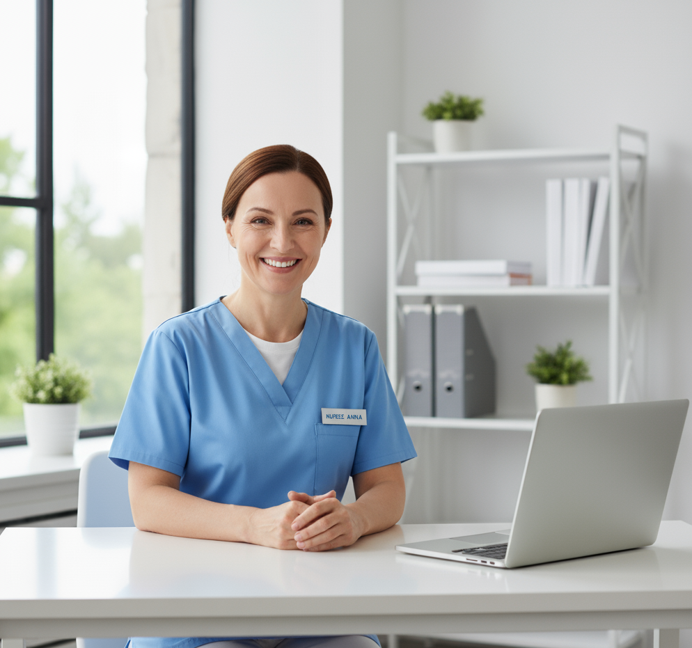 Friendly nurse at her desk
