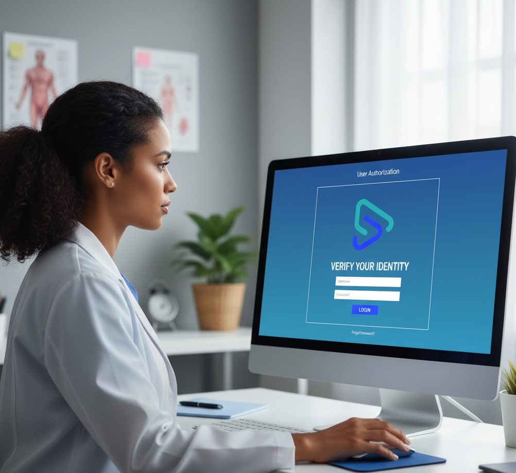 Nurse on computer checking medical records