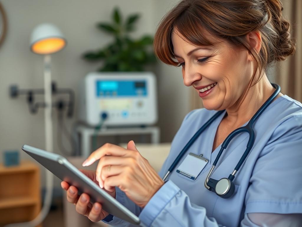 A close-up shot of a nurse using a voice-to-text app on a tablet in a home healthcare setting. The nurse, a middle-aged woman with brown hair, is smiling and looking at the screen. The background shows a cozy home environment with soft lighting and medical equipment subtly placed. The image should have a hyper-realistic quality, focusing on the interaction between the nurse and the technology.