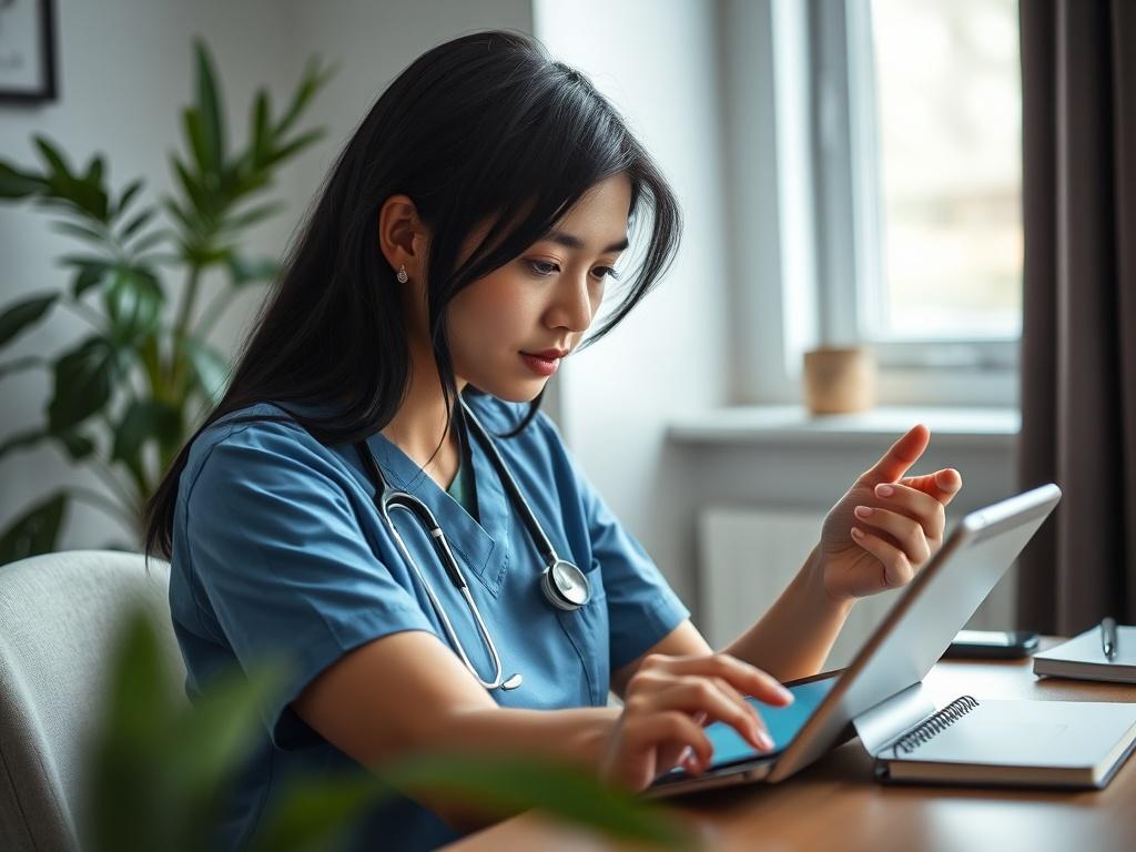 A close-up shot of a nurse organizing clinical notes on a digital platform. The image should show the nurse, a young woman with black hair, focused on her tablet screen while sitting at a small desk in a home office. The background should include a plant and a notepad, creating a calm work atmosphere. The photo should be hyper-realistic, capturing the interaction between the nurse and the technology.