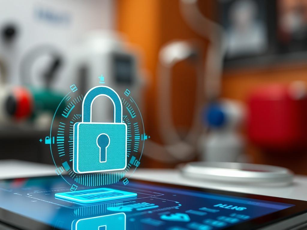 A close-up shot of a digital lock symbolizing data security on a tablet. The background is blurred, featuring a nurse's workspace with medical tools. The image should convey a sense of safety and professionalism, capturing the essence of secure data storage in healthcare. Hyper-realistic quality is essential, emphasizing the importance of data protection.
