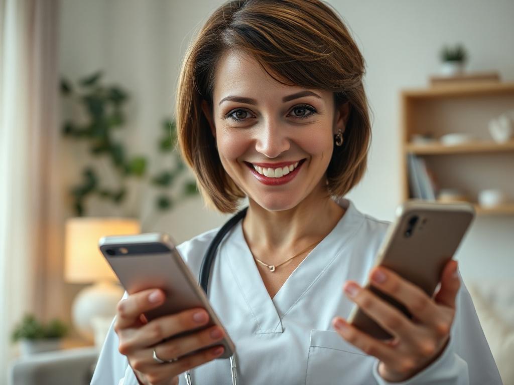 A close-up shot of a nurse using a voice-to-text app on a smartphone in a well-lit, modern home healthcare environment. The nurse, a middle-aged woman with short brown hair, smiles confidently while speaking into the phone. The background features soft, inviting decor typical of a home setting, with subtle greenery and warm lighting. The image captures a moment of technology enhancing patient care, focusing on the nurse's expression of satisfaction and professionalism.
