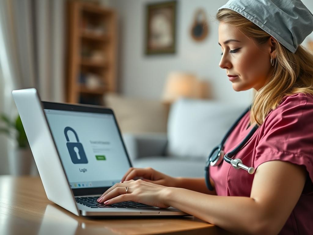 A close-up shot of a nurse confidently using a laptop while working in a home healthcare setting. The laptop screen displays a secure login interface, emphasizing safety and confidentiality. The background is softly blurred, featuring a welcoming home environment, reinforcing the notion of trust and care in patient management.