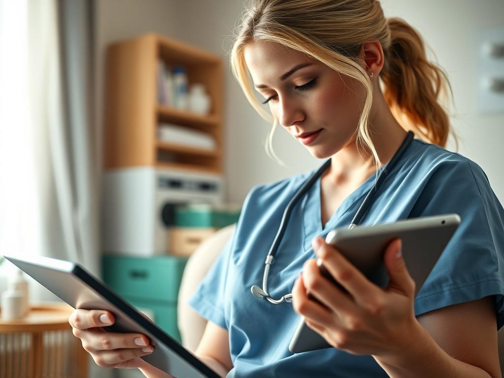 A close-up shot of a nurse using a tablet to document patient notes in a home healthcare setting. The nurse is focused, with a serene expression, surrounded by soft natural light. The background features a cozy home environment with medical supplies subtly placed, enhancing the atmosphere of care. The tablet screen is visible but without any text, showcasing the app in use.