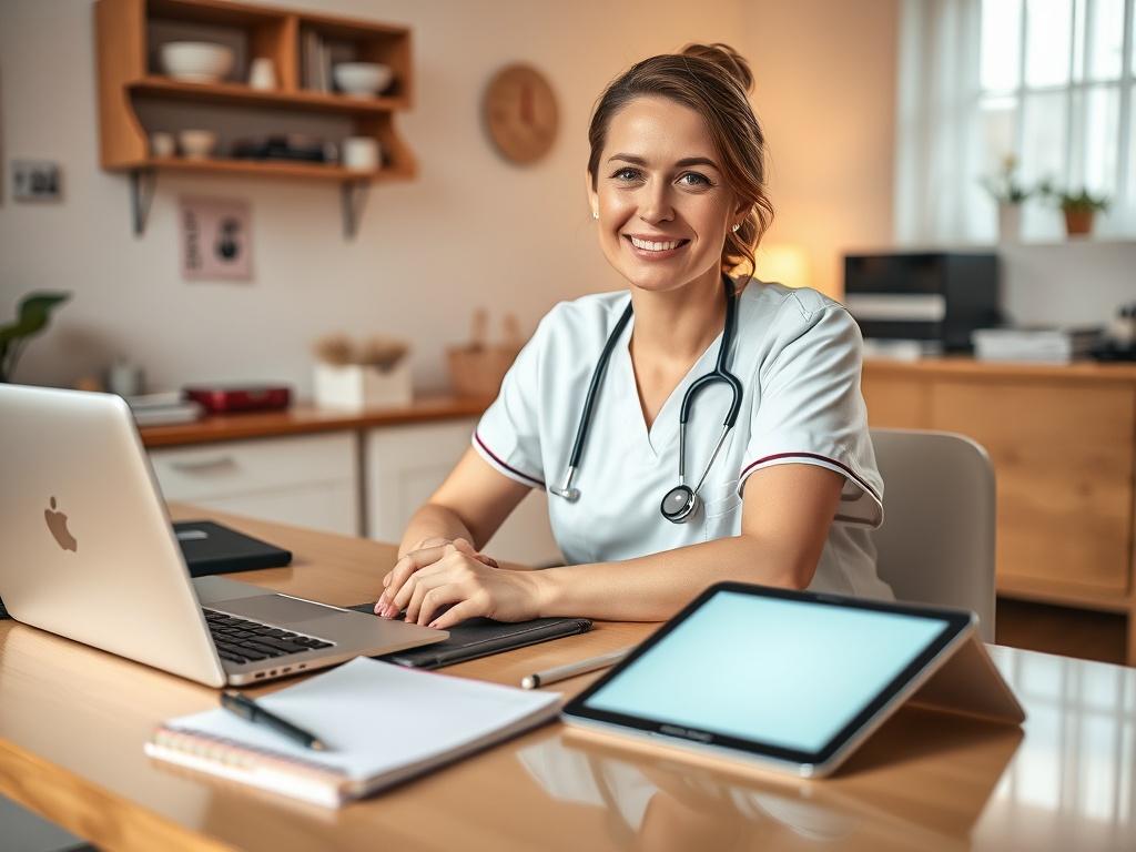 An image of a nurse sitting at a desk with a laptop and a tablet, demonstrating the Reset App for clinical note-taking. The nurse looks relaxed and efficient, with a notepad and pen beside them. The setting reflects a home office environment, with warm lighting and personal touches in the background, showing a comfortable workspace that inspires productivity.