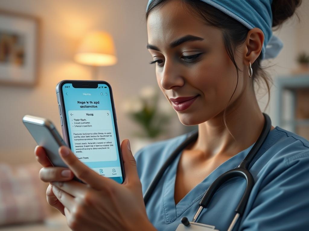 A close-up shot of a nurse using a smartphone app for voice-to-text documentation, focusing on the nurse's face and the phone screen displaying the app interface. The setting is a well-lit home healthcare environment, with soft colors and a calming atmosphere. The nurse appears engaged and focused, illustrating the ease of use of the app. The background is slightly blurred to emphasize the nurse and the phone.