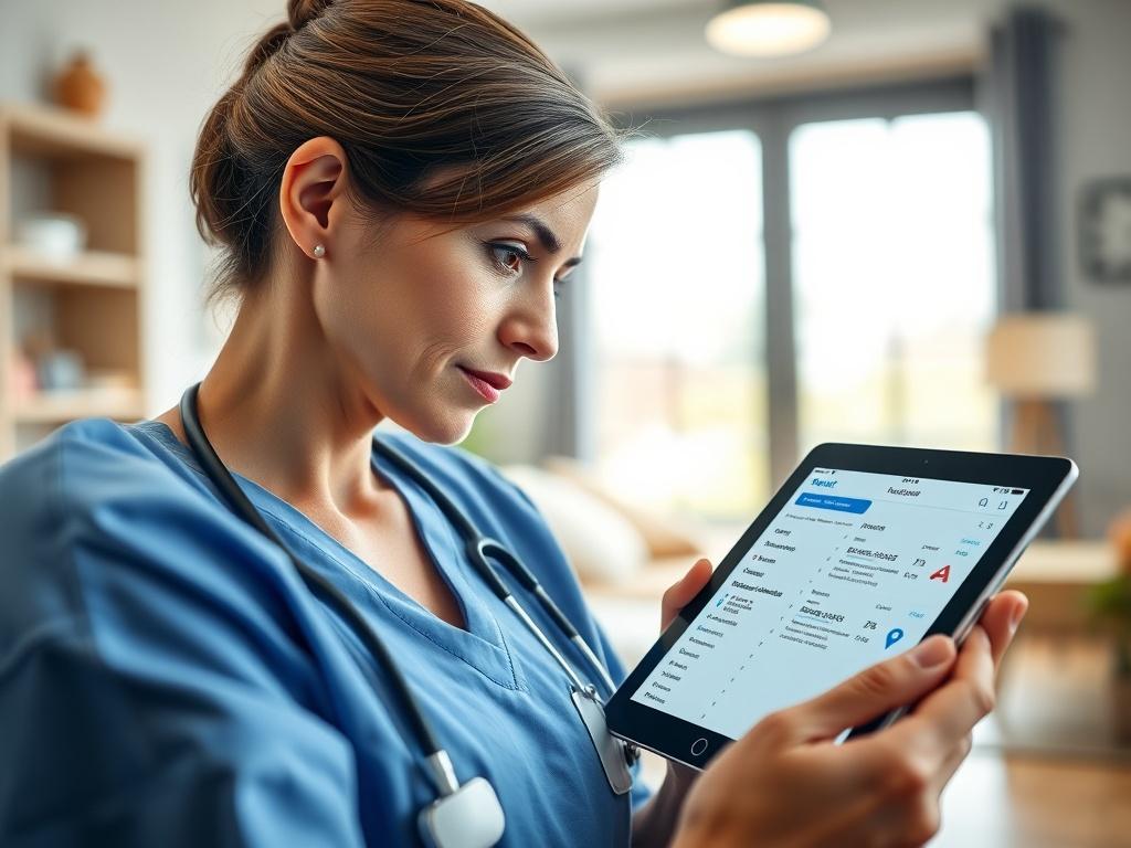 A close-up shot of a nurse reviewing patient records on a tablet, with the Reset App interface visible. The nurse looks engaged and focused, showcasing the ease of accessing patient information. The background features a bright, inviting home healthcare setting, reflecting professionalism and care.