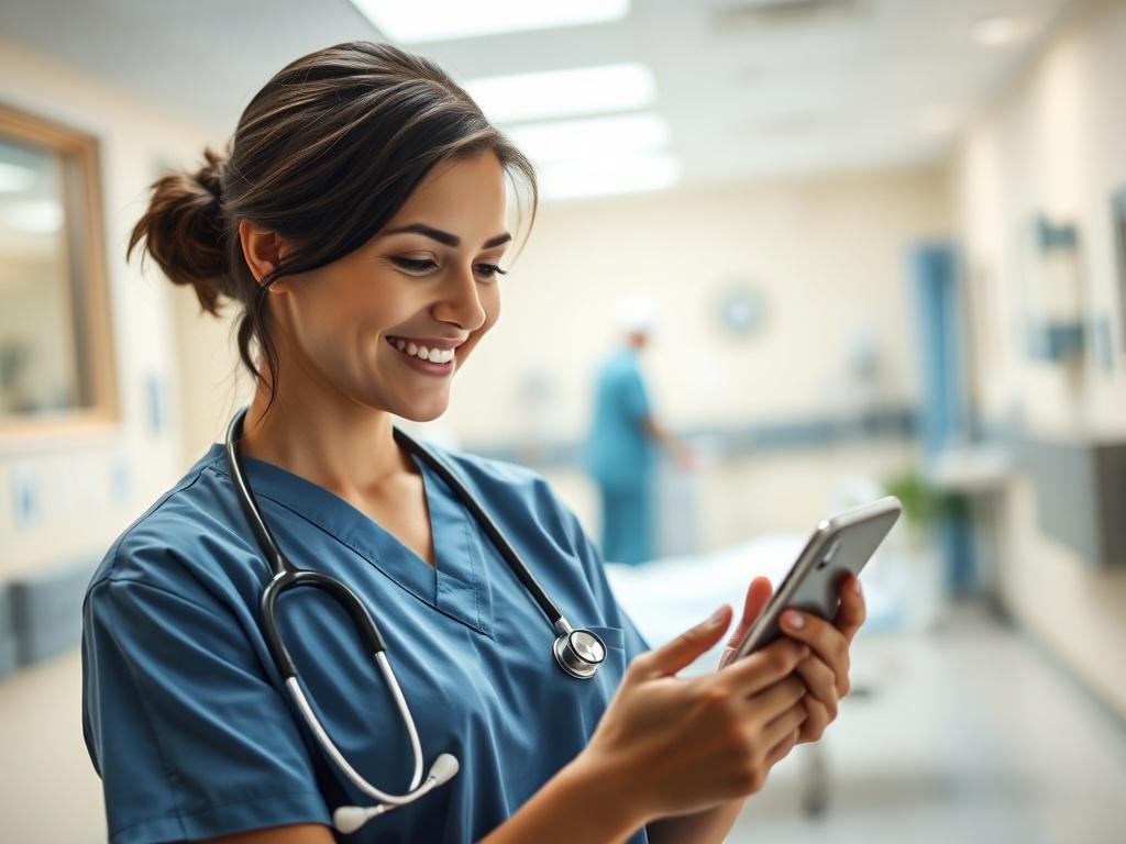 A hyper-realistic close-up shot of a nurse using a voice-to-text app on a smartphone in a hospital setting. The nurse is smiling, engaged in the app, with a stethoscope around her neck. The background shows a patient care area, soft lighting, and a calming atmosphere, focusing on the interaction with technology.