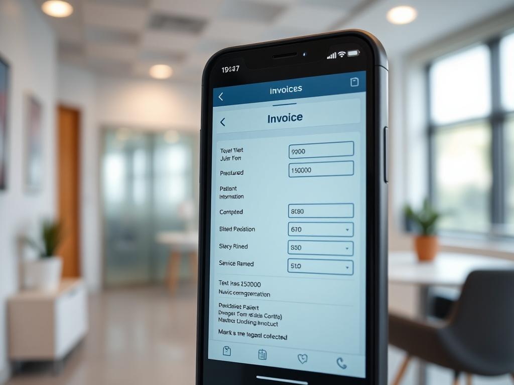 A hyper-realistic close-up shot of a smartphone displaying an invoice template within the voice-to-text app. The screen shows detailed fields for patient information and services rendered. The background is a modern healthcare office with a clean and professional vibe.