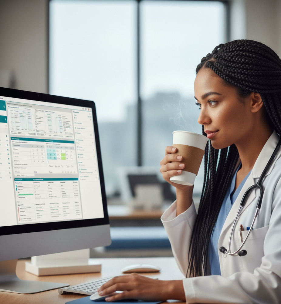 Nurse on computer drinking coffee