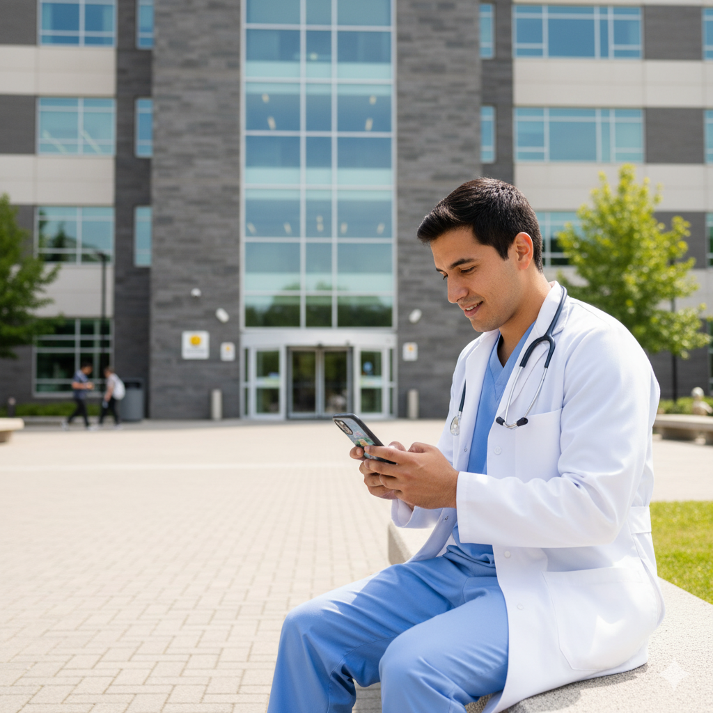Nurse sitting outside of hospital
