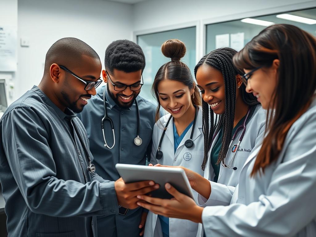 A close-up shot of a diverse healthcare team gathered around a tablet, collaboratively reviewing patient notes in a modern medical office. The environment should convey teamwork and professionalism, with medical charts and devices in the background, rendered in a hyper-realistic style. The primary color rgb(50, 170, 39) should subtly enhance the visual elements in the image.