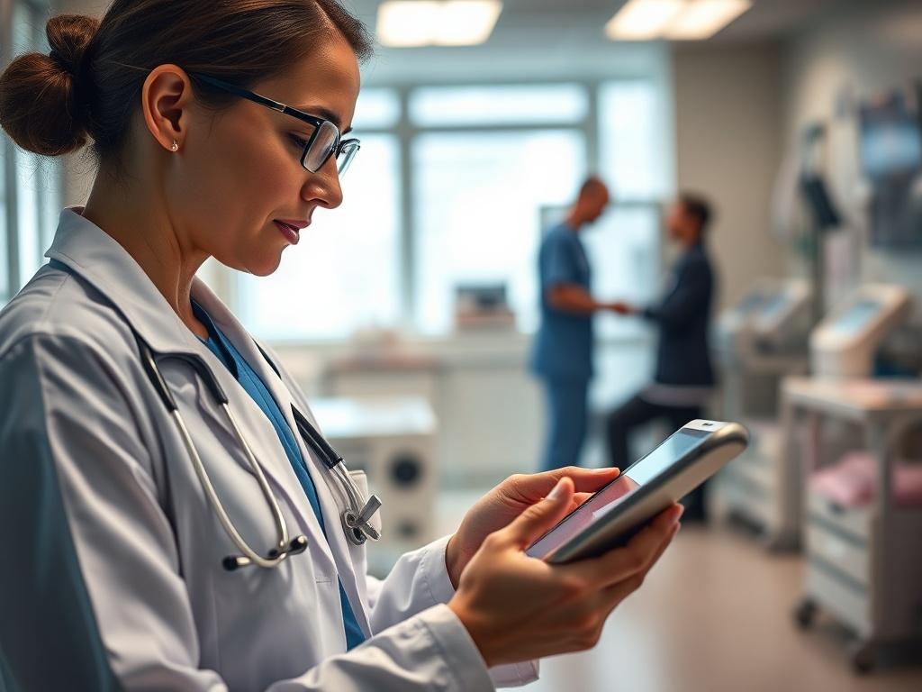 A close-up shot of a healthcare professional using a tablet to dictate notes in a busy clinic environment, showcasing a sense of efficiency and clarity. The background should include medical equipment and a patient consultation area, rendered in a hyper-realistic style with a focus on the professional's engaged expression. The primary color rgb(50, 170, 39) should subtly highlight elements in the image.