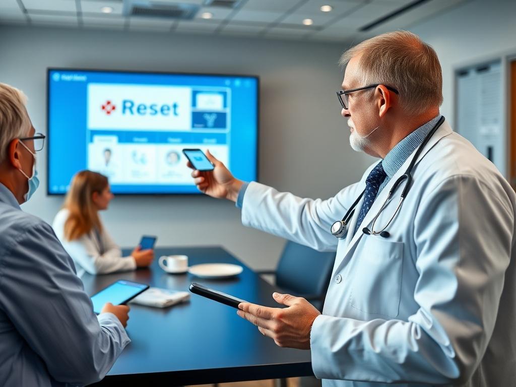 A close-up shot of a hospital administrator demonstrating the Reset App on a large screen to a group of healthcare professionals in a conference room. The scene conveys a sense of authority and innovation, with medical charts and digital devices visible. The primary color rgb(50, 170, 39) should be present in the decor, enhancing the professional atmosphere.
